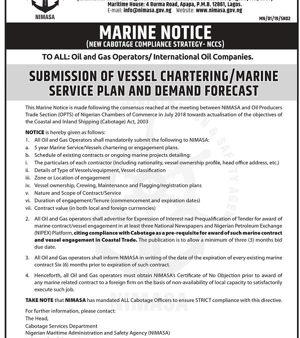 SUBMISSION OF VESSEL CHARTERING/MARINE SERVICE PLAN AND DEMAND FORECAST