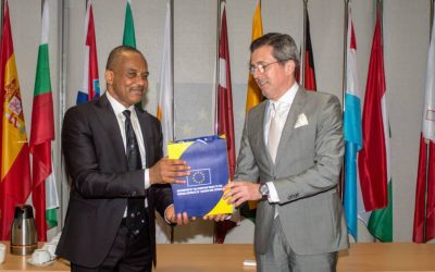 The Director General, Nigerian Maritime Administration and Safety Agency (NIMASA), Dr. Bashir Jamoh receiving a plaque from the First Counsellor Deputy Head of Deligation, European Union Delegation to the Federal Republic of Nigeria and to the Economic Community of West African States, Mr. Alexandre Gorges Gomes after an engagement session in Abuja