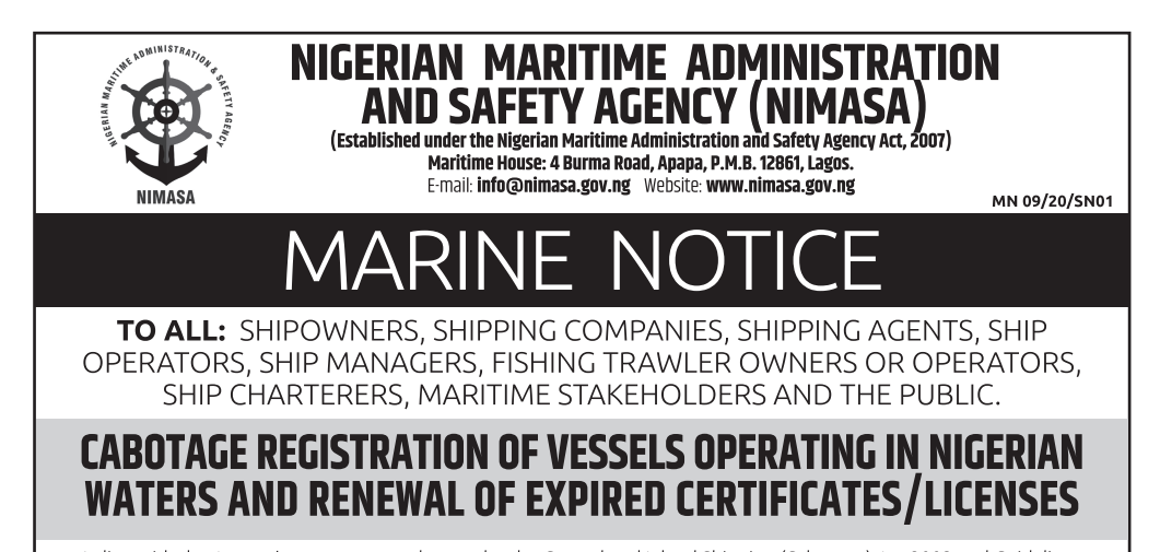Cabotage Registration of Vessels Operating in Nigerian Waters and Renewal of Expired Certificates/Licenses